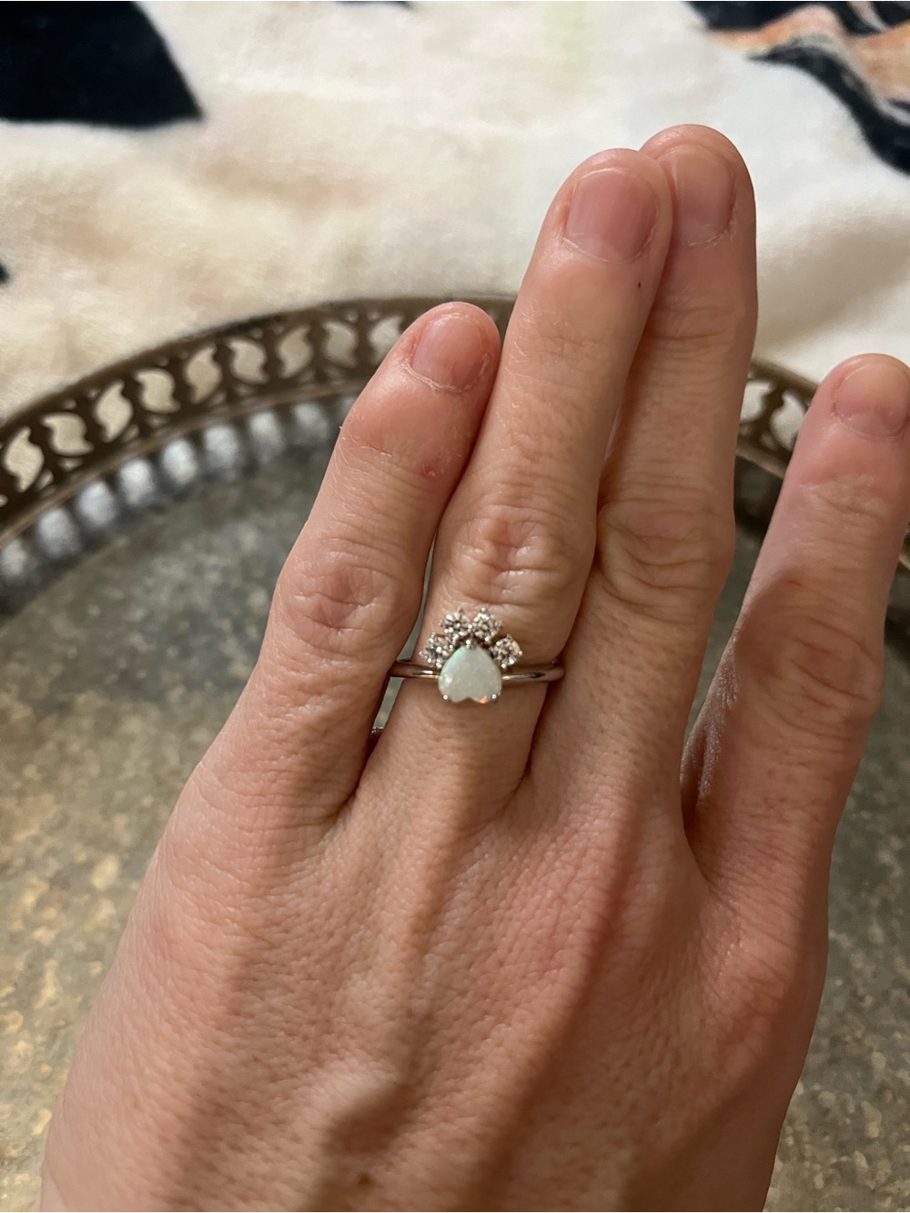 Opal and Cubic Zirconia White Gild Filled Paw Print Ring - White Opal Accent - Picture 2 of 5